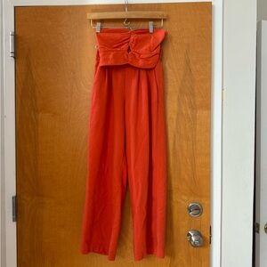 Monteau Linen 2 Piece Set- Crop Top and Tailored Pants - Orange/Red